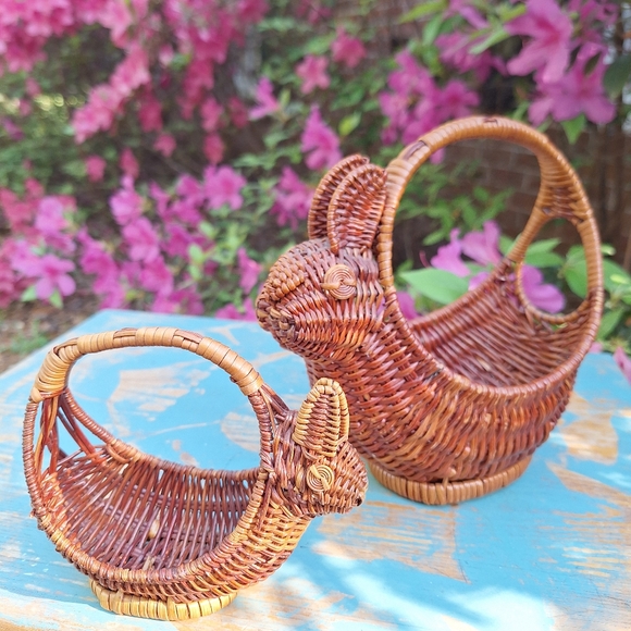 2 Vintage Wicker Basket Art Bunny Rabbit Woven Basket Animal Boho Easter Decor - Picture 7 of 16